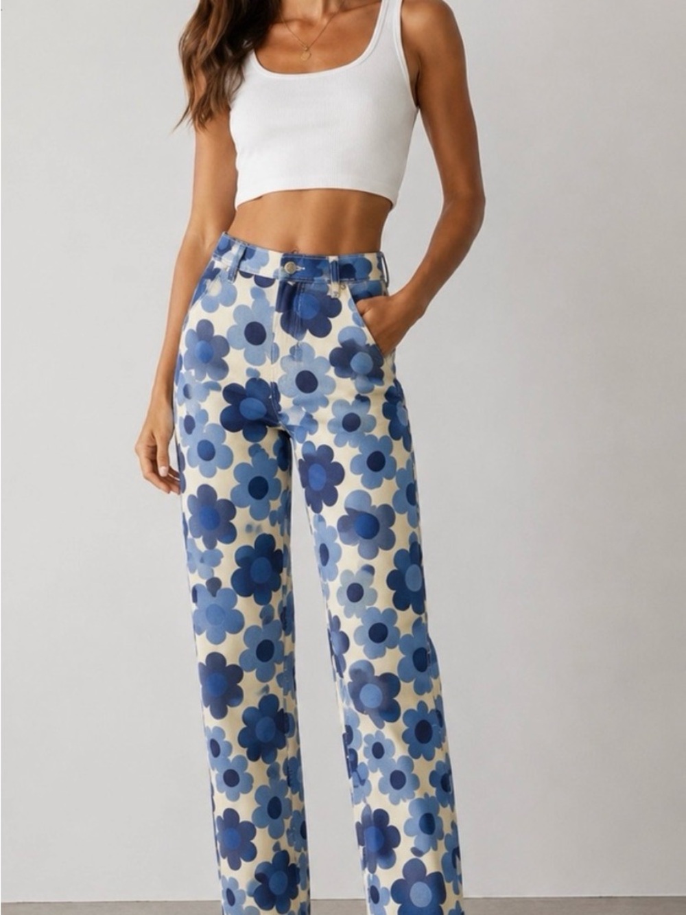 Zara Cream and Blue Floral Wide-Leg Jeans